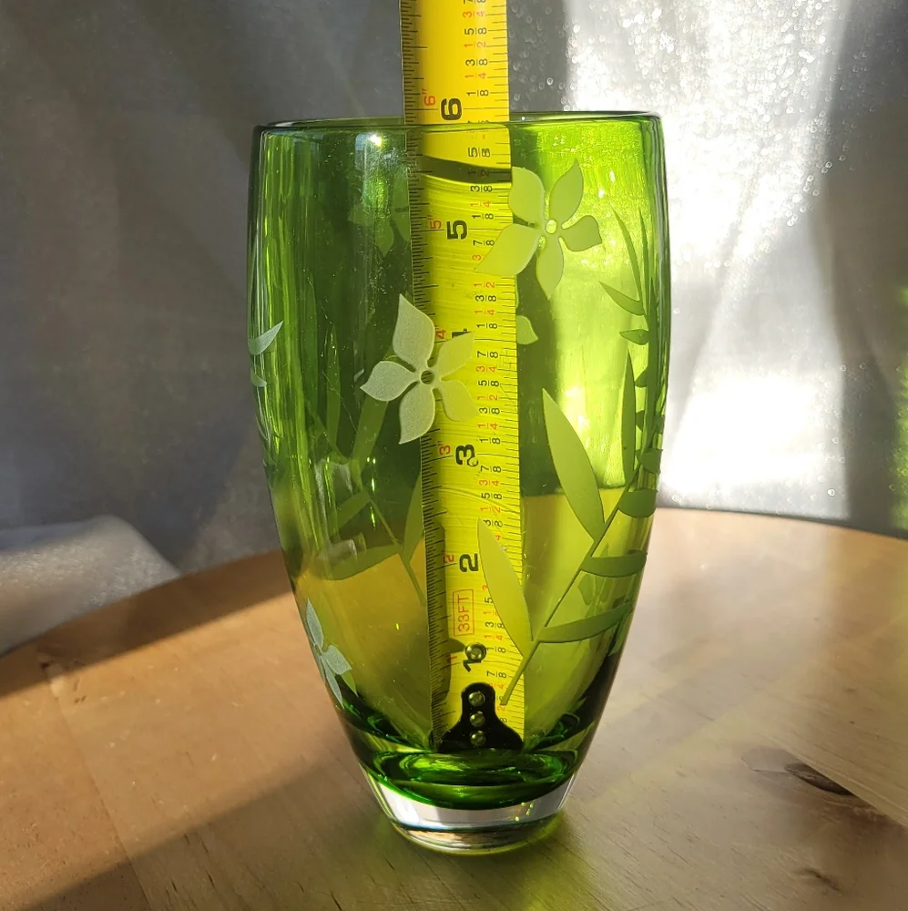 Crate & Barrel Lime Green Etched Vases Glasses Tumblers Hand Blown